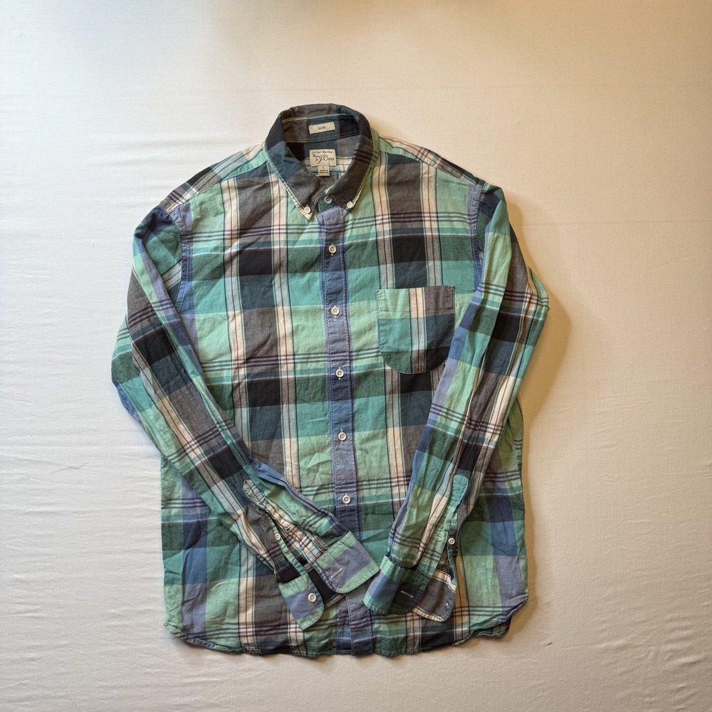 J Crew Shirt Mens Large Blue Green Plaid Slim Fit Indian Madras Button Down